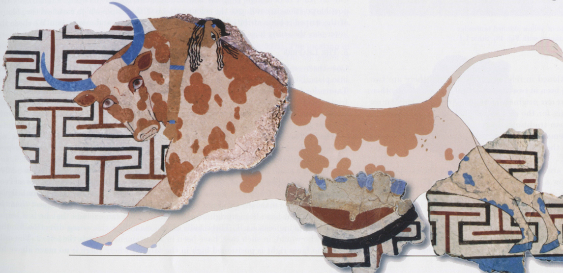 wall painting of a bull and a man, very fragmentary
