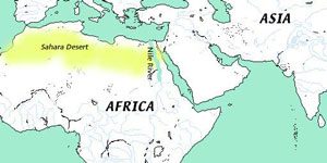 Egyptian geography and environment - ancient Egypt's climate and weather A map showing Egypt in the upper right of Africa, with the Sahara Desert running across the top of Africa and the Nile River running from south to north through Egypt - Egyptian geography