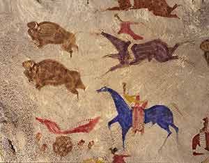 Shoshone painting of Native men hunting buffalo(ca. 1900 AD, now in Brooklyn Museum)