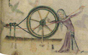 A medieval woman walking and spinning