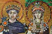 A mosaic of a man and a woman wearing long strings of pearls all over them