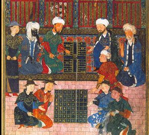 Central Asian men play backgammon while the women play checkers (?) (Timurid, ca. 1400 AD)