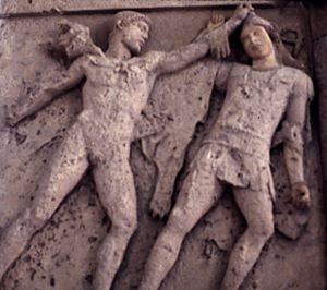 A metope from Sicily showing Amazons fighting men