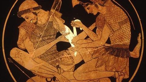 Achilles bandaging the wounded Achilles binding up the wounds of Patroclos (Athens, red-figure vase, 500 BC -now in Berlin)