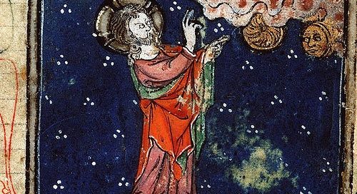 God creates the Sun and the Moon, in a medieval European painting