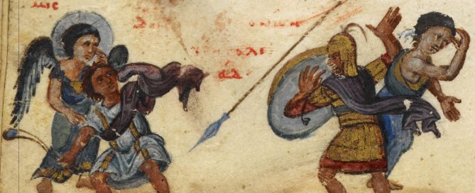 David uses his sling to throw a stone at Goliath, helped by angels.