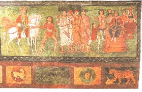 Mordecai is leading Esther (on the horse) to talk to the Persian king. A fresco from the world's oldest preserved synagogue at Dura-Europos in Syria (244 AD)