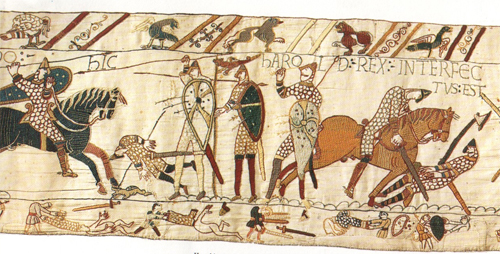 "Harold Rex interfectus est" - King Harold is killed (Bayeux Tapestry, 1070s AD) (Compare to a 1040 Seljuk image of a battle)