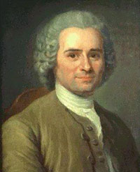 Rousseau: a white man with gray curly hair pulled back in a pigtail, wearing a white shirt and a brown jacket and smiling faintly