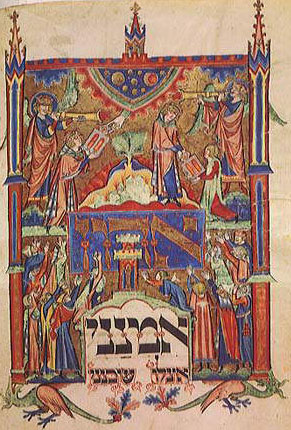 Moses receiving the Ten Commandments, from a Jewish prayer book written in medieval Germany, about 1290 AD (now in the Saxon State Library)