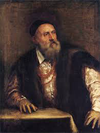 Titian's self-portrait of himself in old age: a white man with a bushy long white beard