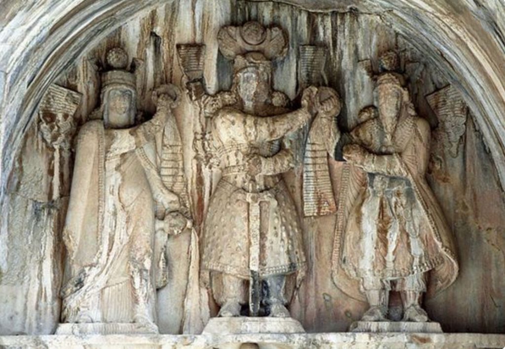 Anahita, Khosrau II, and Ahura Mazda (probably)(Taq-e Bostan, 600s AD)