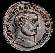 Diocletian - a coin with a white man with a crew cut and a very short beard
