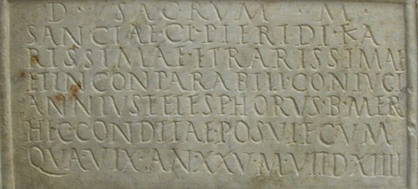Claudia Pieris: portrait bust on her marble tombstone, dedicated by her husband Annius Telesphorus; inscription (CIL VI.15543). 117-138 CE. Copenhagen, Ny Carlsberg Glyptotek.